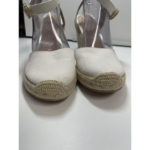 Stuart Weitzman Canvas Wedge Espadrilles In Cream W/Crystal Buckle Sz 10.5 New - Picture 4 of 12